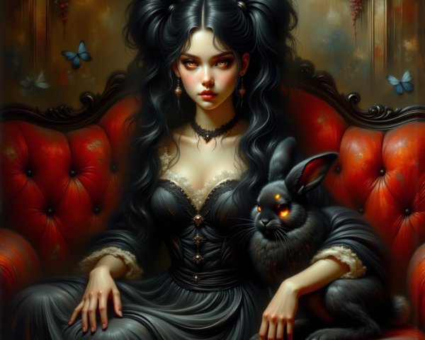 Young Woman on Red Sofa with Black Rabbit and Butterflies