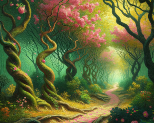 Magical Forest Path with Twisted Trees and Blossoms