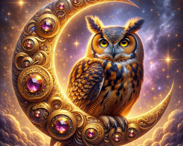 Majestic owl on crescent moon in cosmic setting