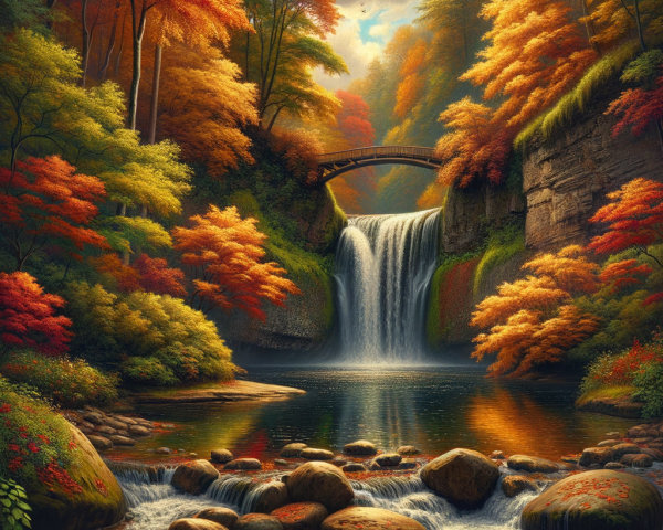 Autumn Landscape with Waterfall and Colorful Trees