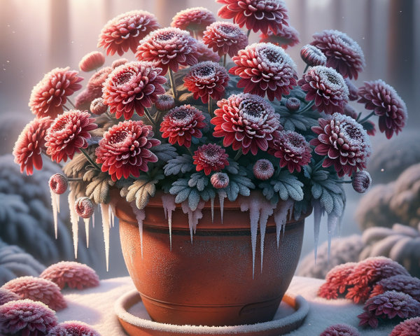 Chrysanthemums in Frosty Winter Landscape with Sunlight