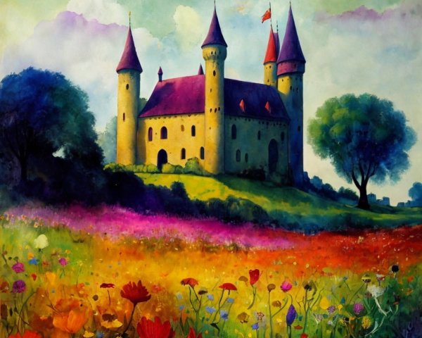 Whimsical Landscape with Fairytale Castle and Flowers