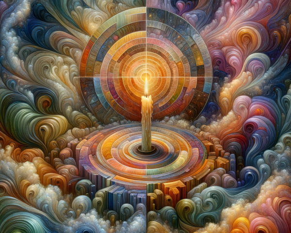 Vibrant Cosmic Scene with Central Candle and Patterns