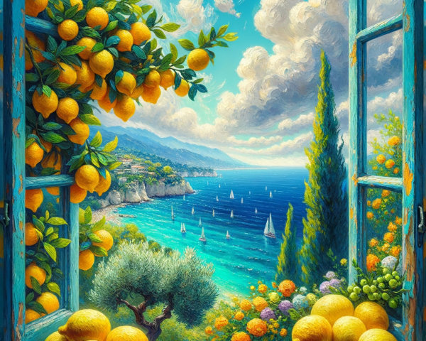 Coastal Landscape with Rustic Window and Lemons