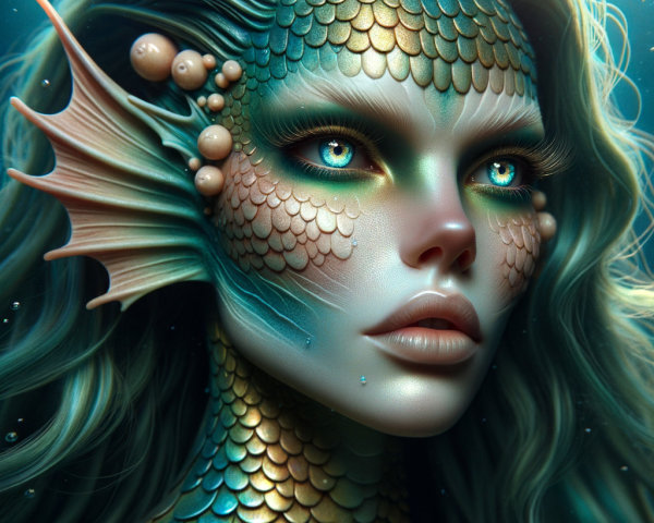 Ethereal Mermaid with Shimmering Scales and Bubbles