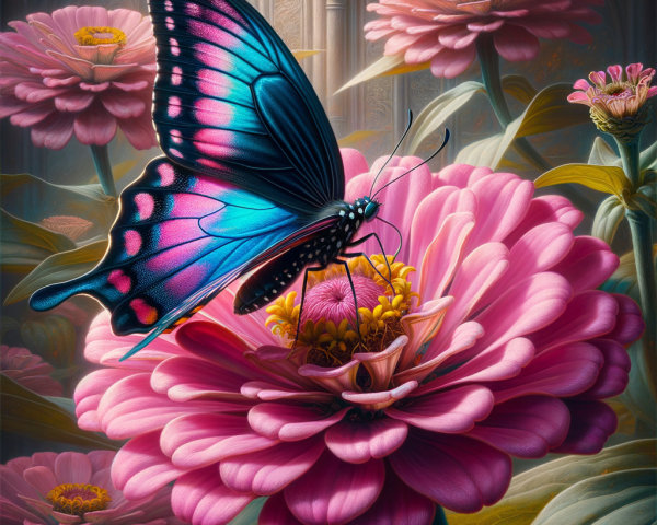 Colorful Butterfly on Blooming Pink Flower in Garden