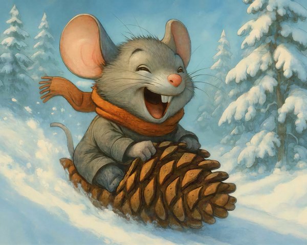 Animated Mouse Sliding Down Snowy Hill on Pinecone