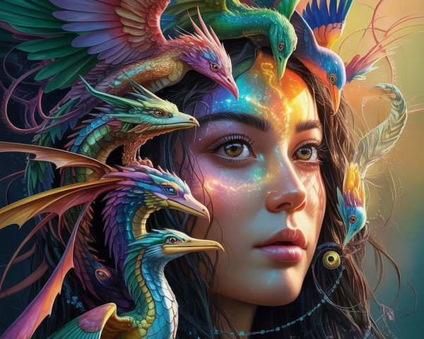 Portrait of a young woman with vibrant birds in hair