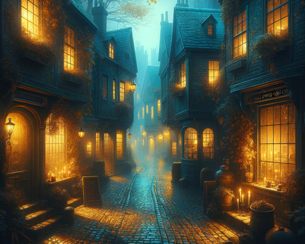Serene Cobblestone Street with Warm Golden Lights