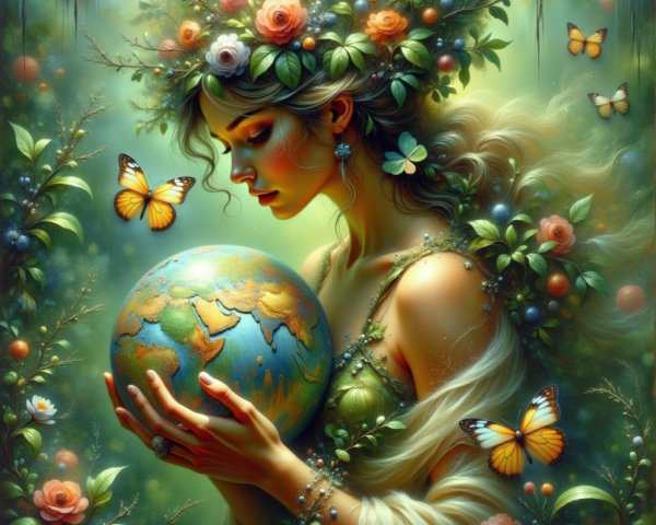 Serene Woman with Floral Accents and Globe in Nature