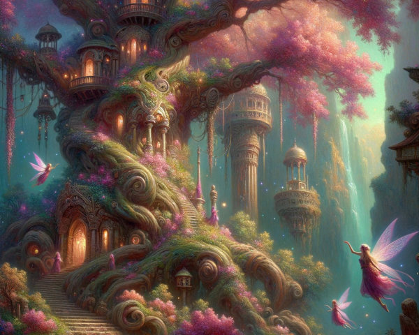 Whimsical Fairytale Landscape with Grand Tree and Towers