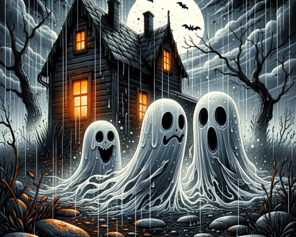 Spooky Halloween Scene with Ghosts and Old House