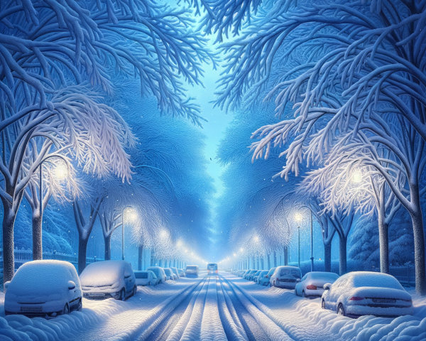 Serene Winter Scene with Snow-Covered Street and Trees