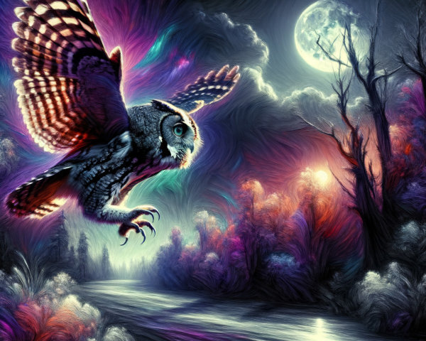 Majestic owl in a colorful surreal night landscape