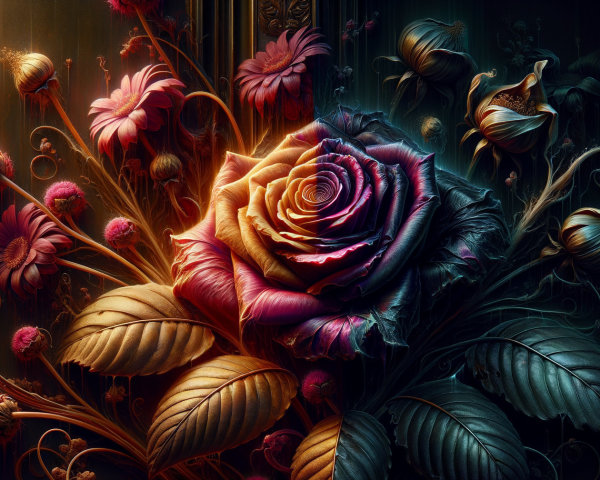Rose with Purple and Gold Petals on Dark Background