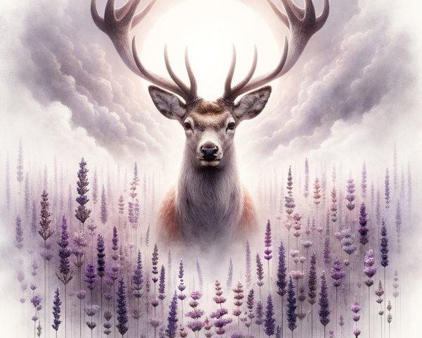 Stag with Antlers in Lavender Field Under Moonlight