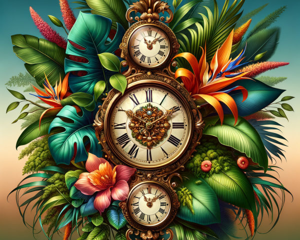 Vintage clock amidst tropical foliage and flowers