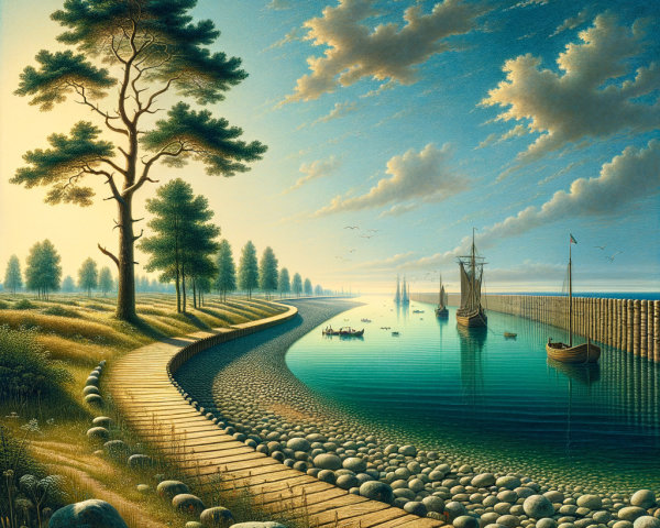 Serene Waterside Scene with Wooden Path and Lake