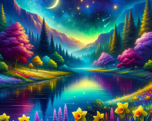 Vibrant Landscape with Mountains and Starry Sky