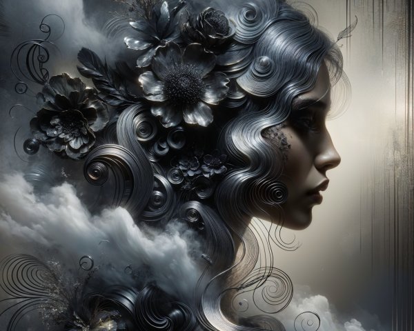 Surreal Portrait of Woman with Floral and Cloud Elements