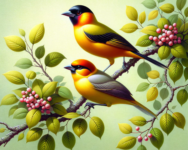 Vibrant Birds on Branch with Green Leaves and Berries