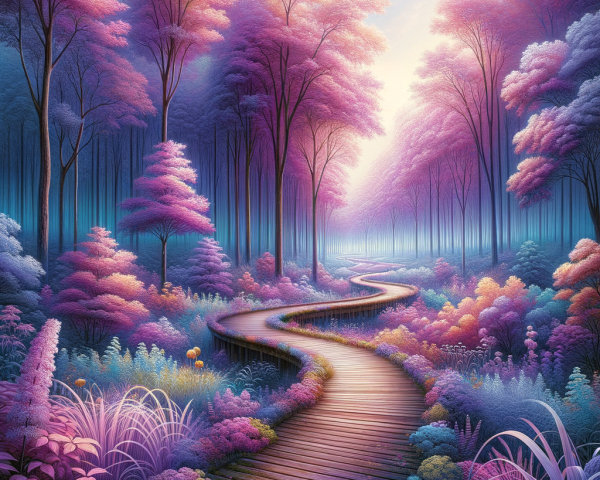 Fantasy Landscape with Vibrant Forest and Boardwalk Path