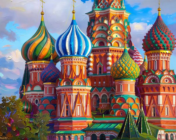 Vibrant Oil Painting of St. Basil's Cathedral Architecture