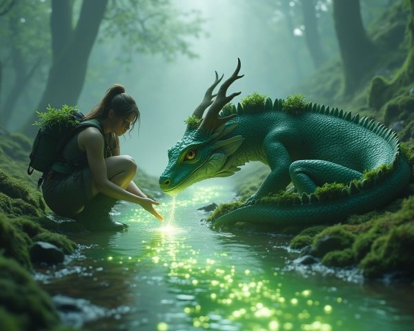 Young girl and dragon in a mystical forest scene
