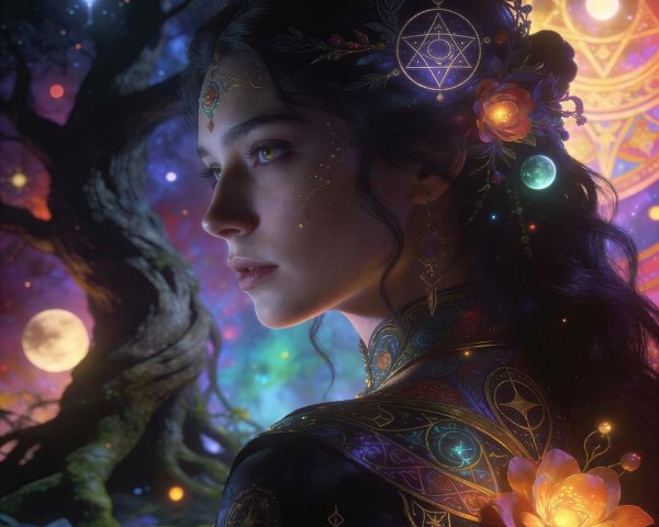 Side Profile of a Sorceress in Enchanted Forest