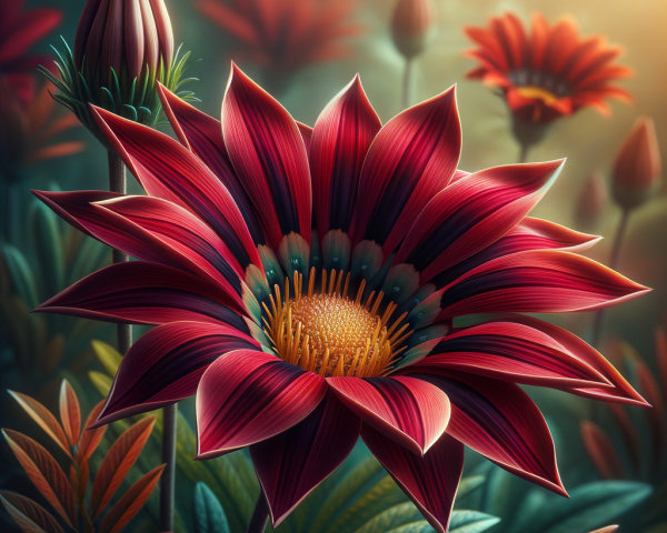 Vibrant Red Flower with Elongated Petals and Green Foliage