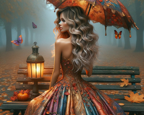 Woman in Vibrant Gown Surrounded by Autumn Leaves