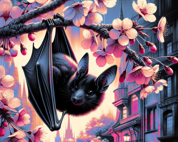 Whimsical Bat Hanging from Flowering Branch in Cityscape