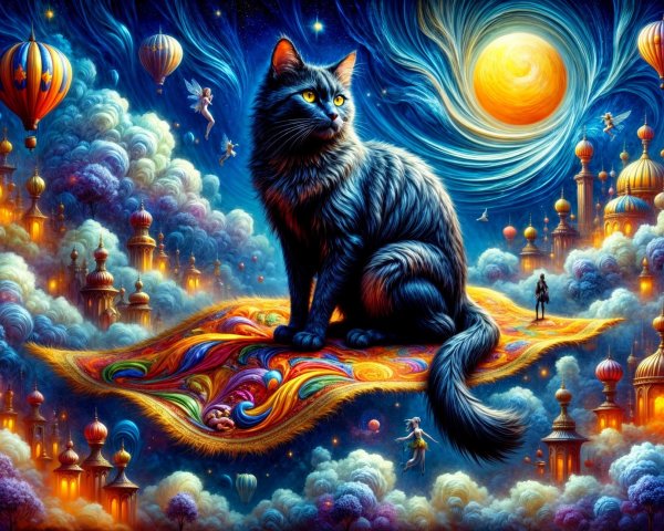 Majestic black cat on ornate carpet in magical landscape