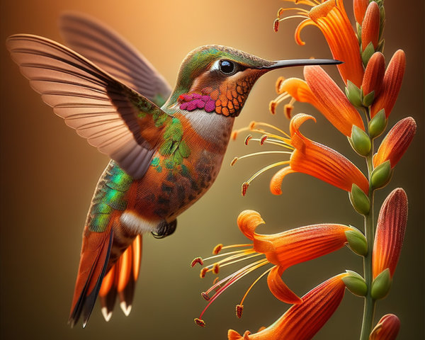 Hummingbird Near Bright Orange Flowers in Soft Light
