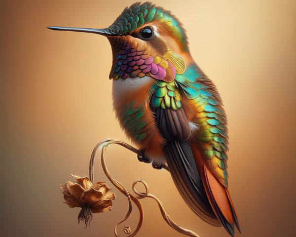 Iridescent Hummingbird on Curly Vine with Dried Bud