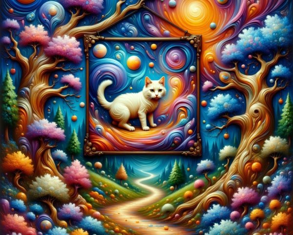 Vibrant Landscape with Cosmic Backdrop and White Cat