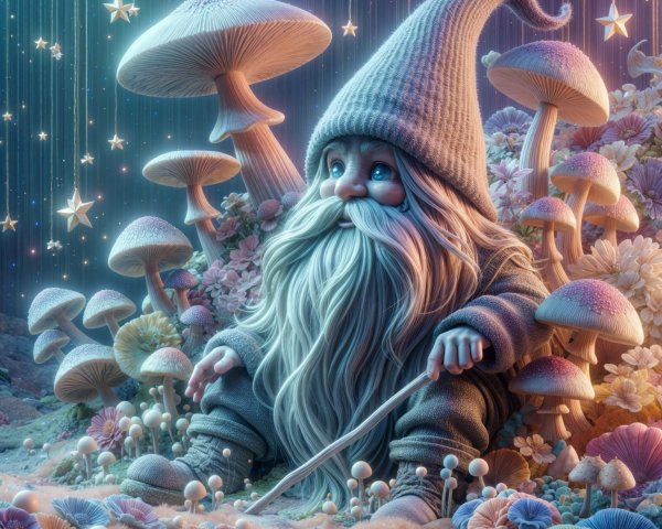 Whimsical Gnome Surrounded by Colorful Mushrooms and Flowers