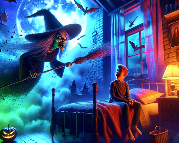 Halloween Bedroom Scene with Witch and Jack-o'-Lantern