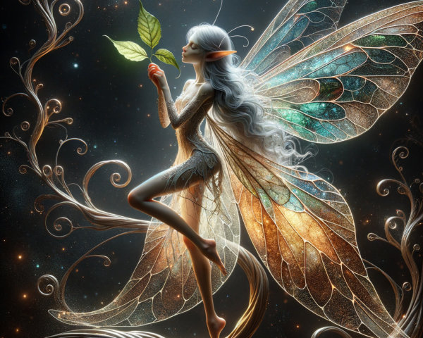 Whimsical Fairy with Shimmering Wings on Branch