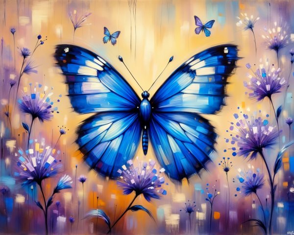 Vibrant Blue Butterfly Among Purple Flowers and Hues