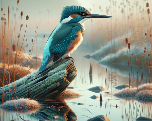 Vibrant Kingfisher on Mossy Log in Misty Marshland