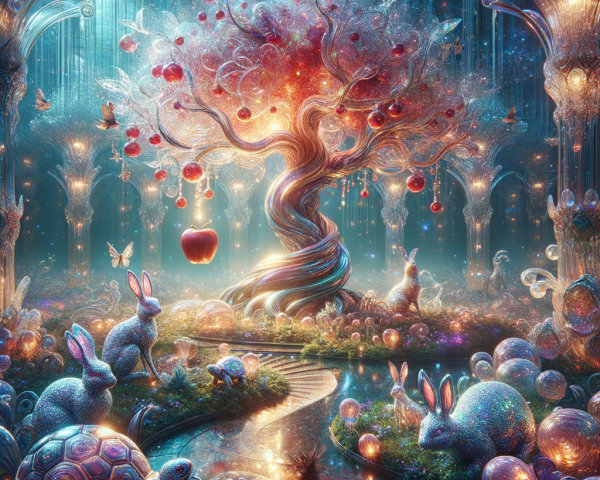Ethereal landscape with glowing tree and enchanting creatures