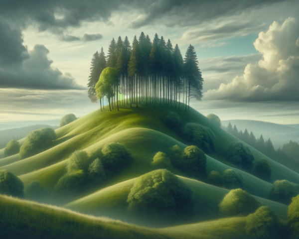 Lush Landscape with Gentle Hill and Tall Green Trees