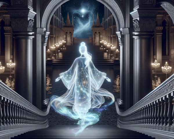 Luminous Figure at Grand Staircase in Opulent Palace