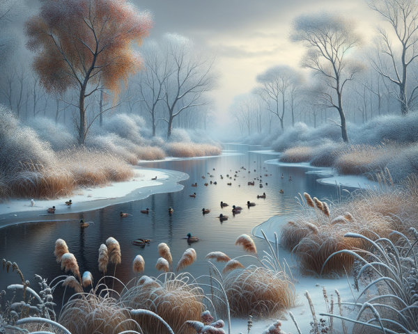 Serene Winter Landscape with Calm River and Ducks