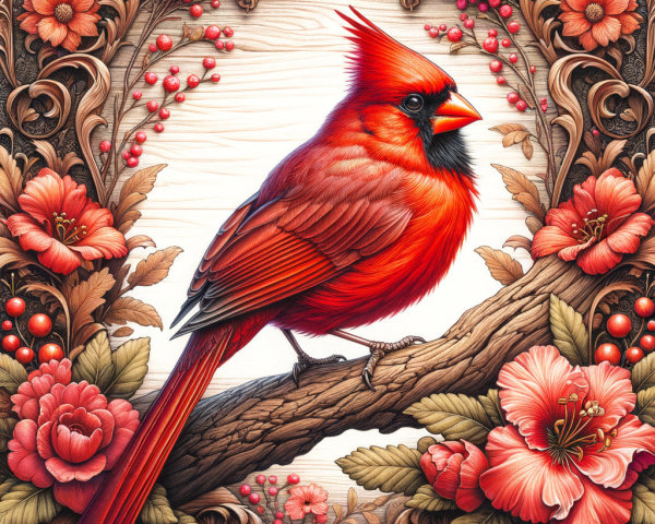 Red Cardinal on Branch with Floral Patterns