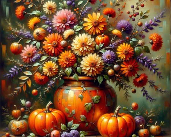 Vibrant Autumn Flower Arrangement with Pumpkins