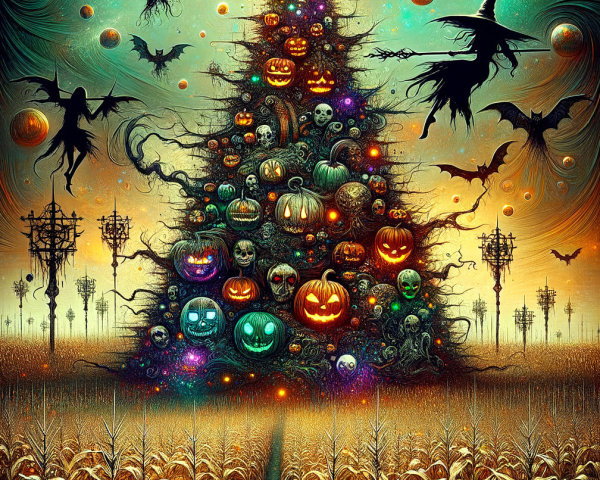 Surreal Halloween Scene with Glowing Pumpkins and Bats
