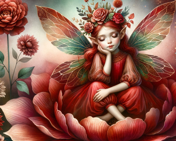 Whimsical fairy in vibrant red flower with delicate wings