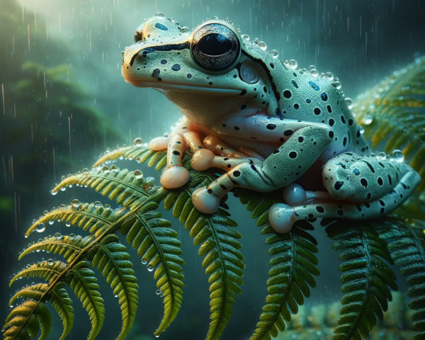 Close-up of a green frog on a fern leaf in rainforest